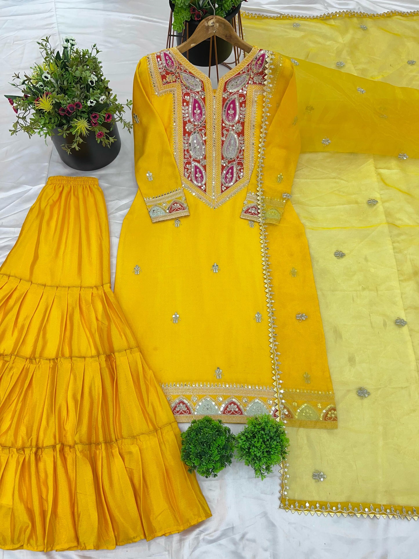 Embroidery Sequence Work Top-Gharara And Dupatta Set