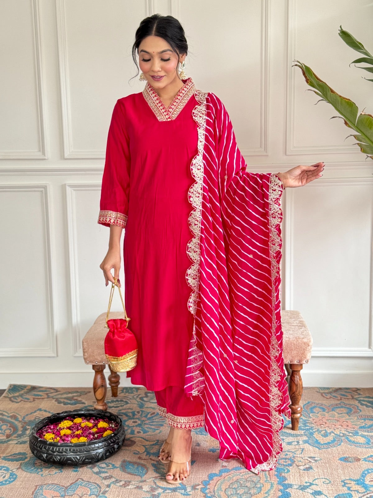 Chanderi FAbric With Attractive Embroidery in pink red color