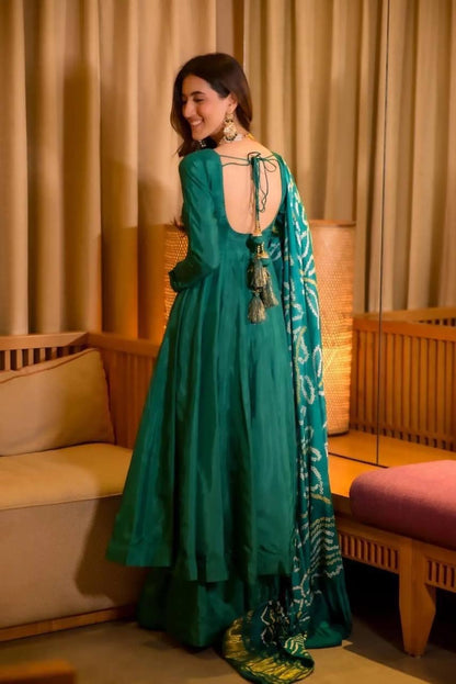 Green Color Beautiful Silk Suit Gown For Small Family function