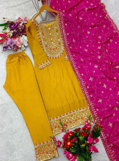 Fancy Suit For Haldi Function in Chinon Fabric