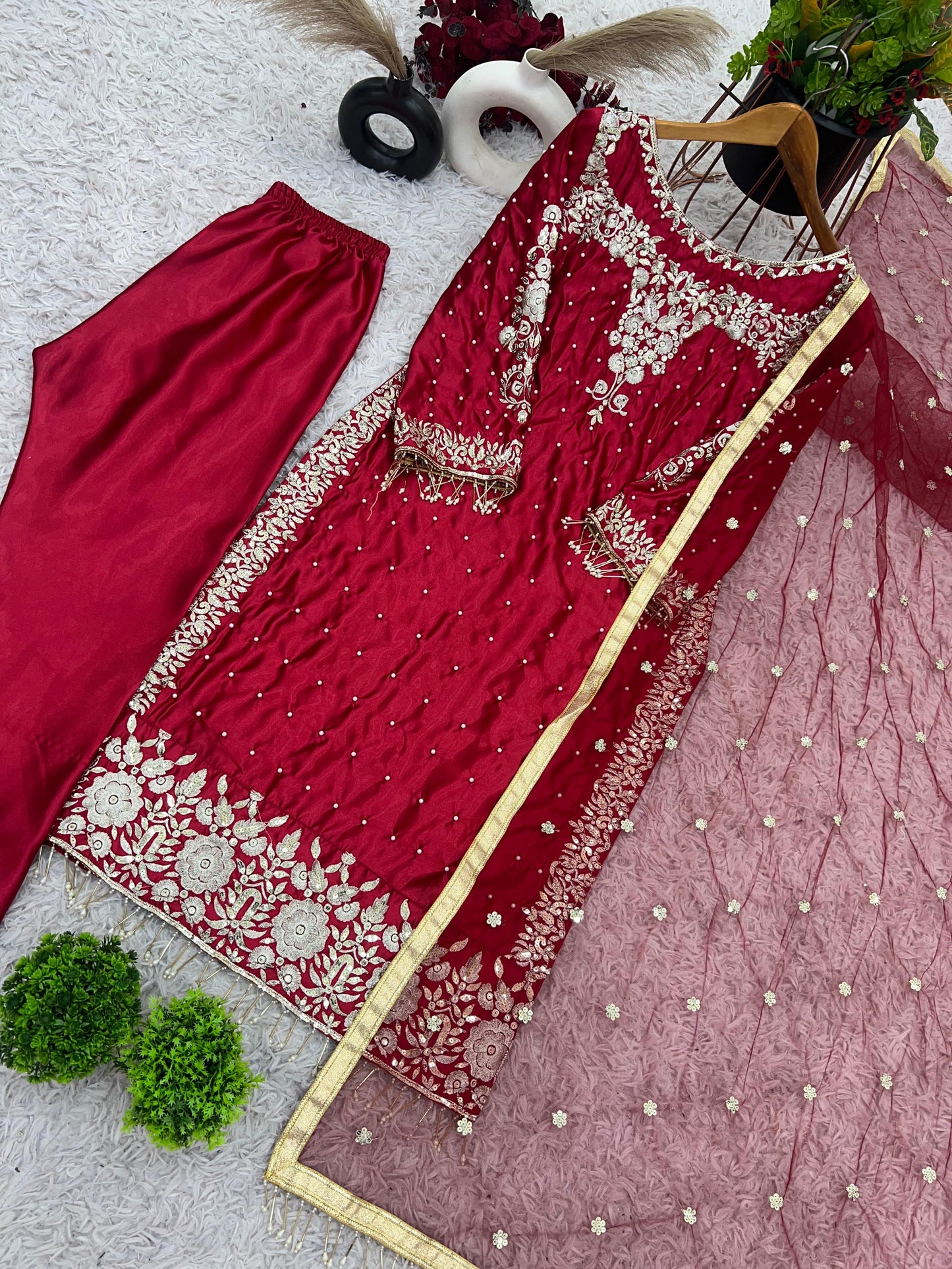 Beautiful Maroon Red Satin Silk Dress For Upcoming Festival