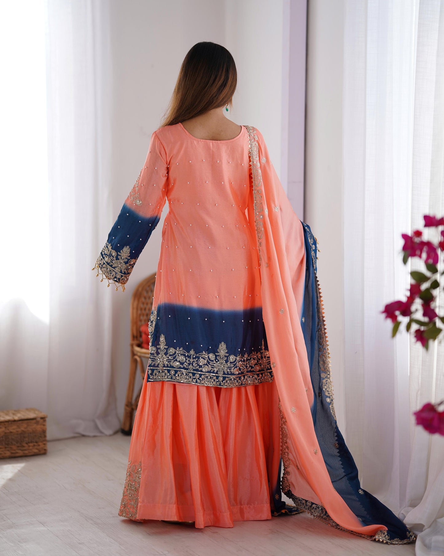 Beautiful Partywear Dress in Chinon Silk Fabric in Orange Color