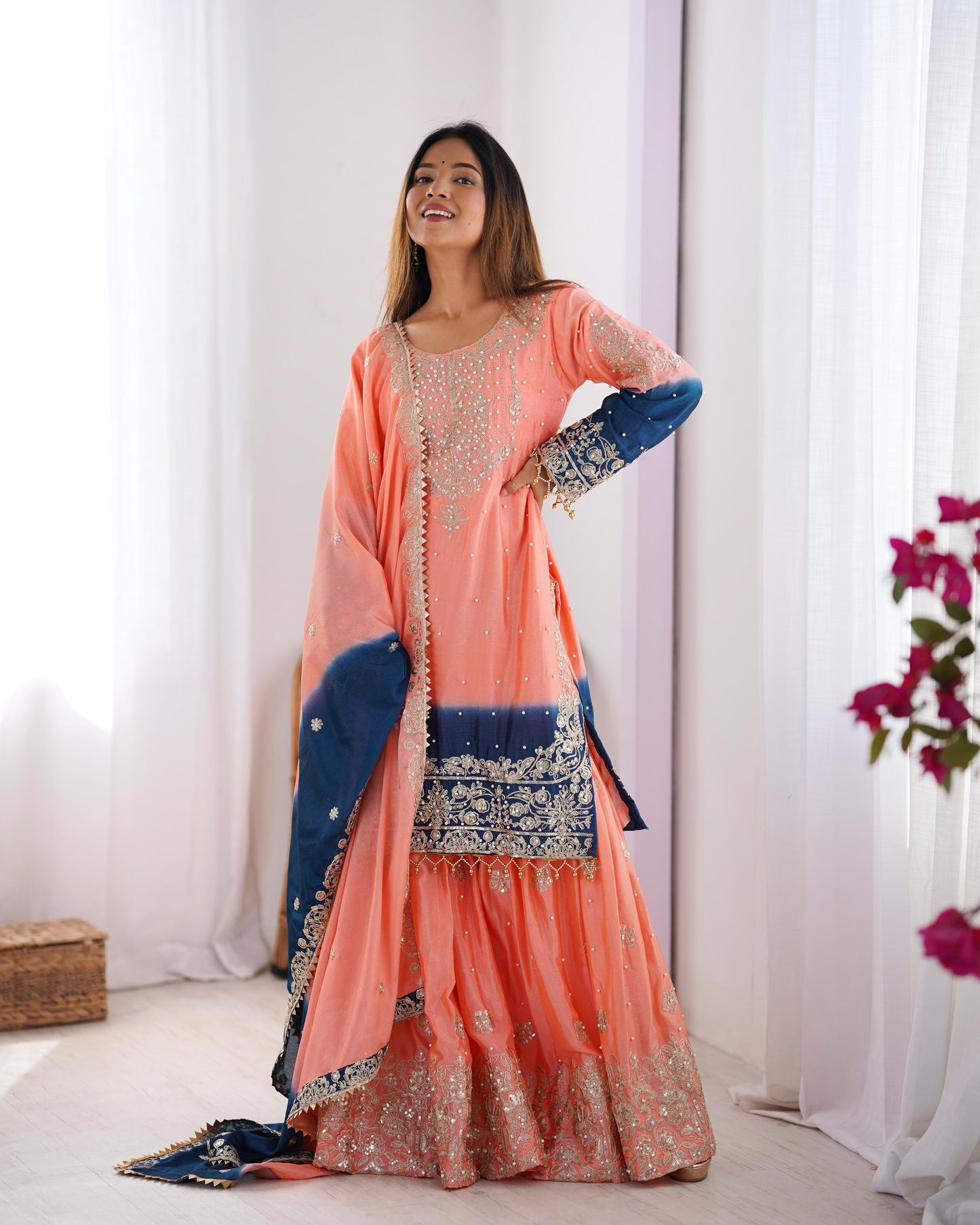 Beautiful Partywear Dress in Chinon Silk Fabric in Orange Color