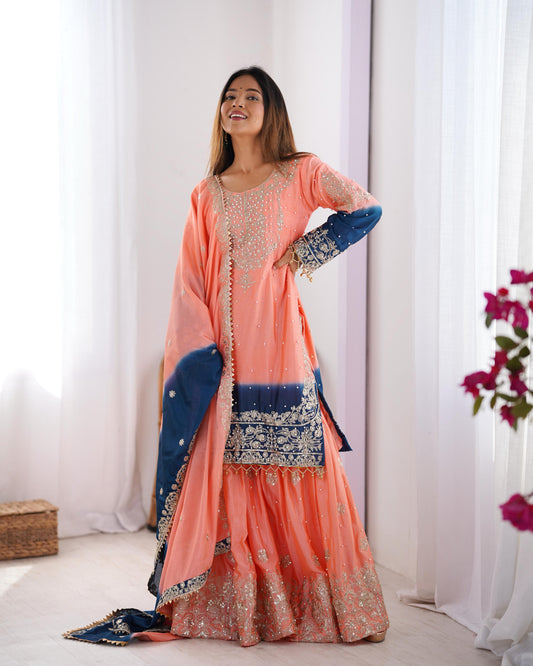 Beautiful Partywear Dress in Chinon Silk Fabric in Orange Color