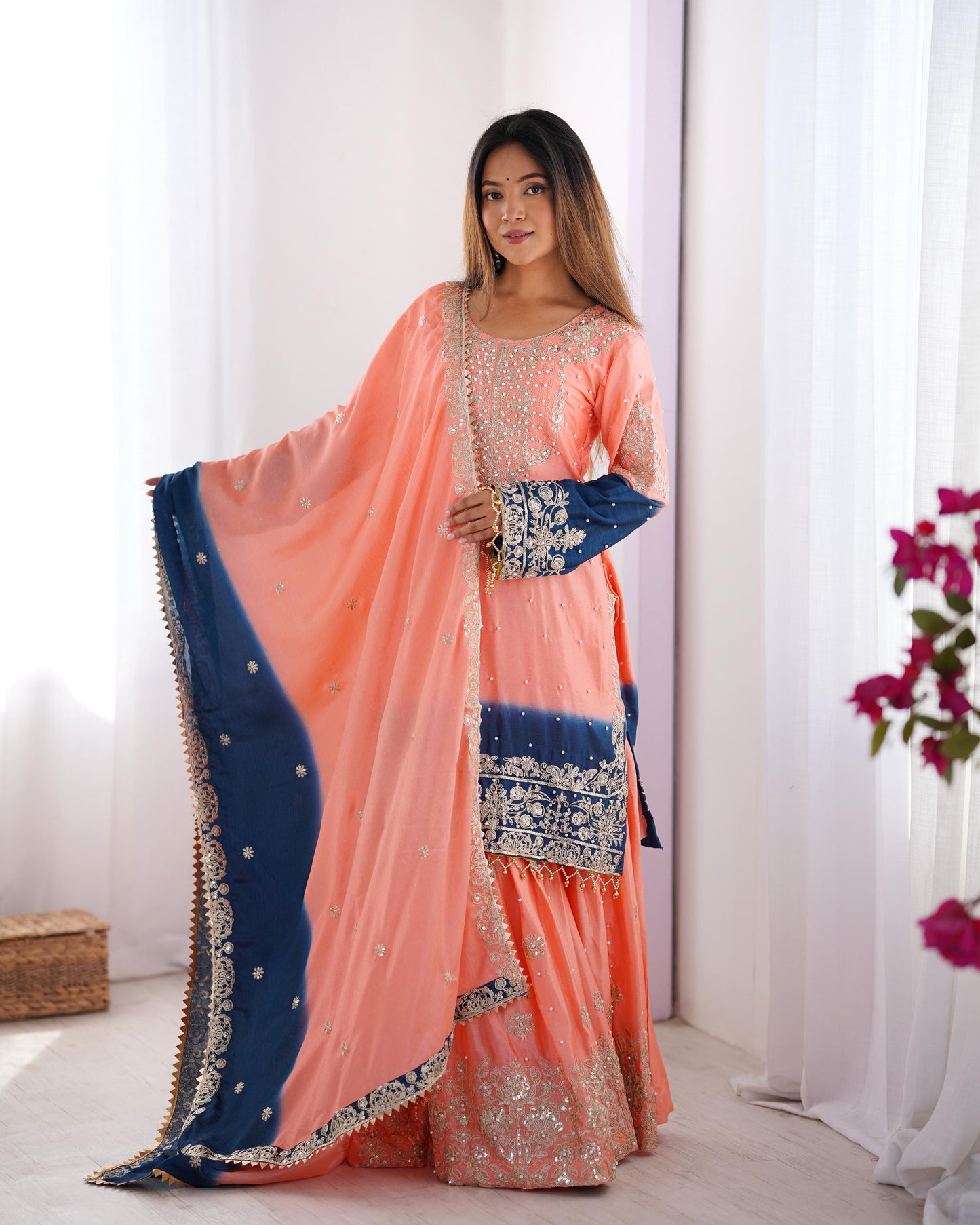 Beautiful Partywear Dress in Chinon Silk Fabric in Orange Color