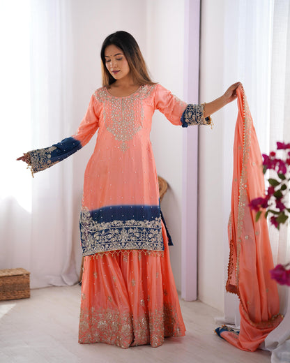 Beautiful Partywear Dress in Chinon Silk Fabric in Orange Color
