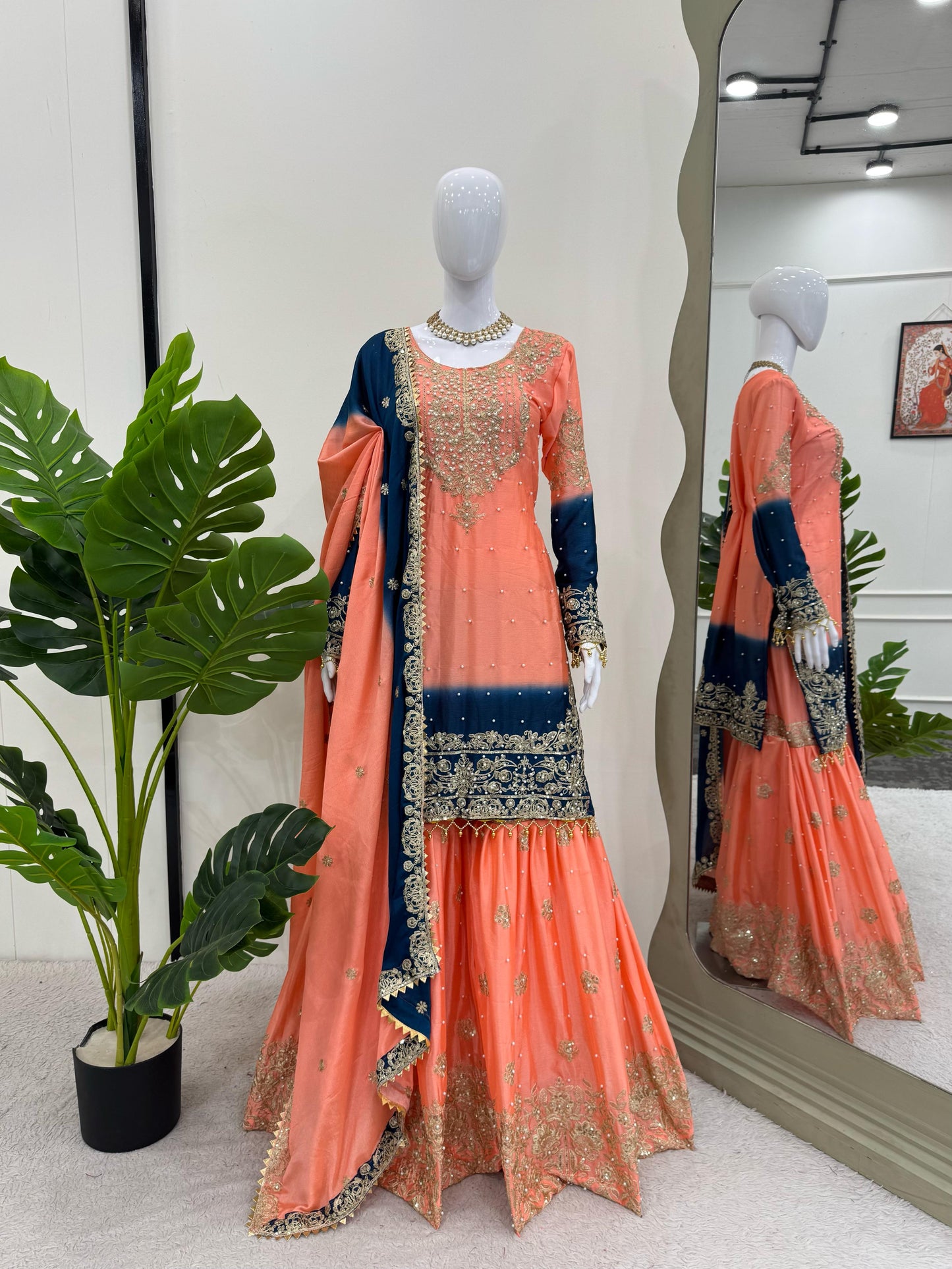 Beautiful Partywear Dress in Chinon Silk Fabric in Orange Color