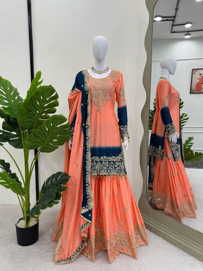 Beautiful Partywear Dress in Chinon Silk Fabric in Orange Color