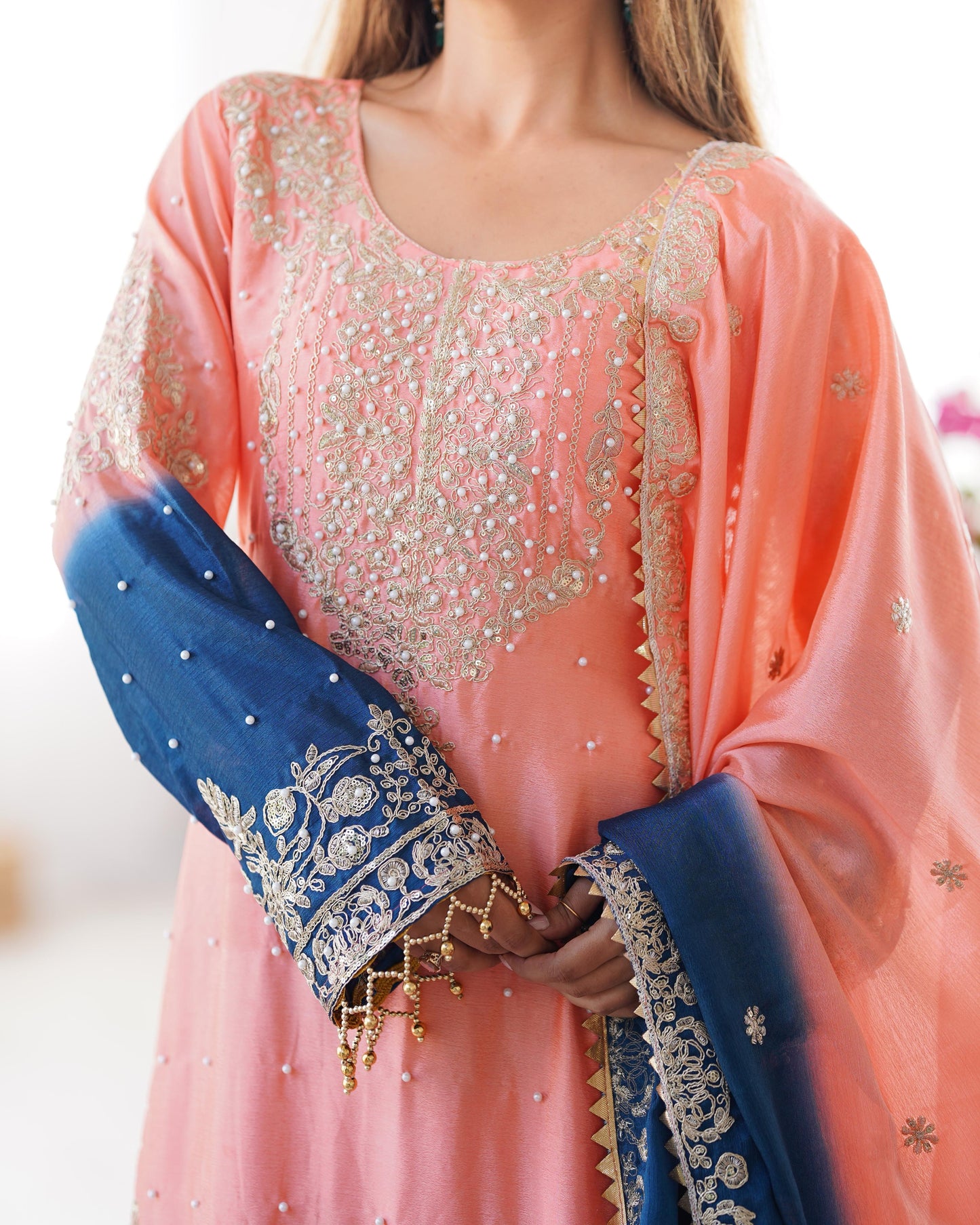 Beautiful Partywear Dress in Chinon Silk Fabric in Orange Color