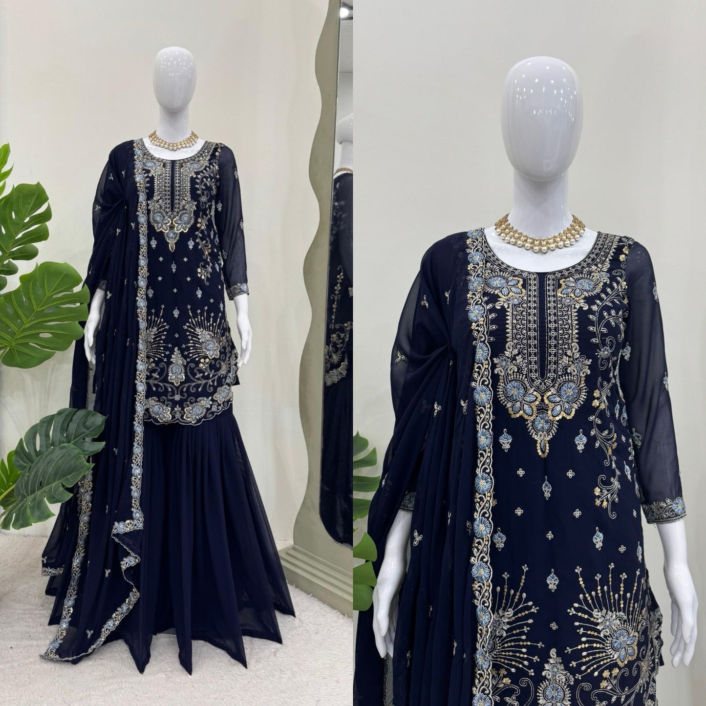 Dark Blue Color Beautiful Partywear Sharara Suit in Georgette Fabric