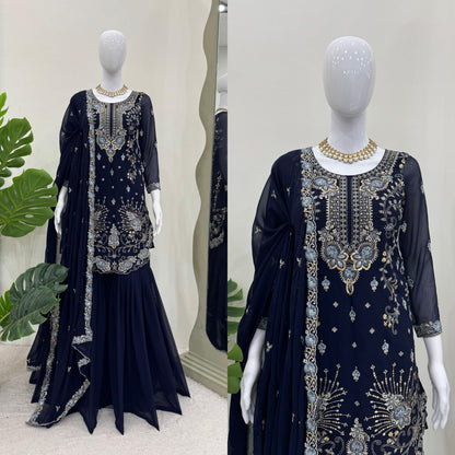 Dark Blue Color Beautiful Partywear Sharara Suit in Georgette Fabric