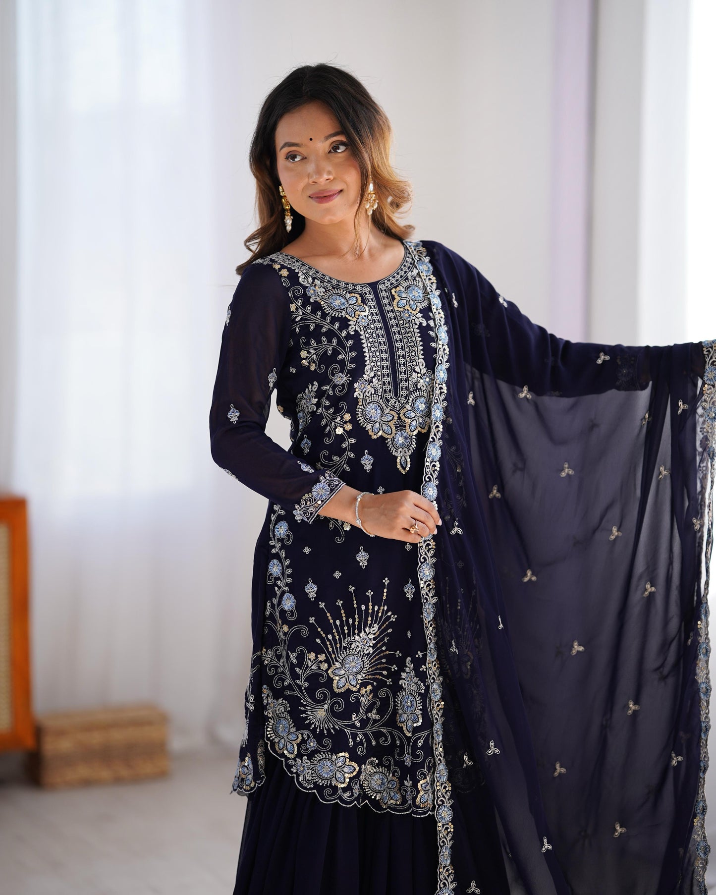 Dark Blue Color Beautiful Partywear Sharara Suit in Georgette Fabric