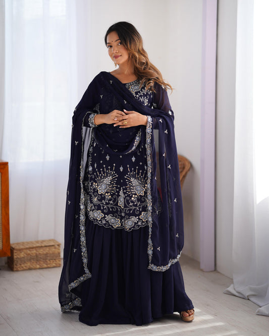 Dark Blue Color Beautiful Partywear Sharara Suit in Georgette Fabric