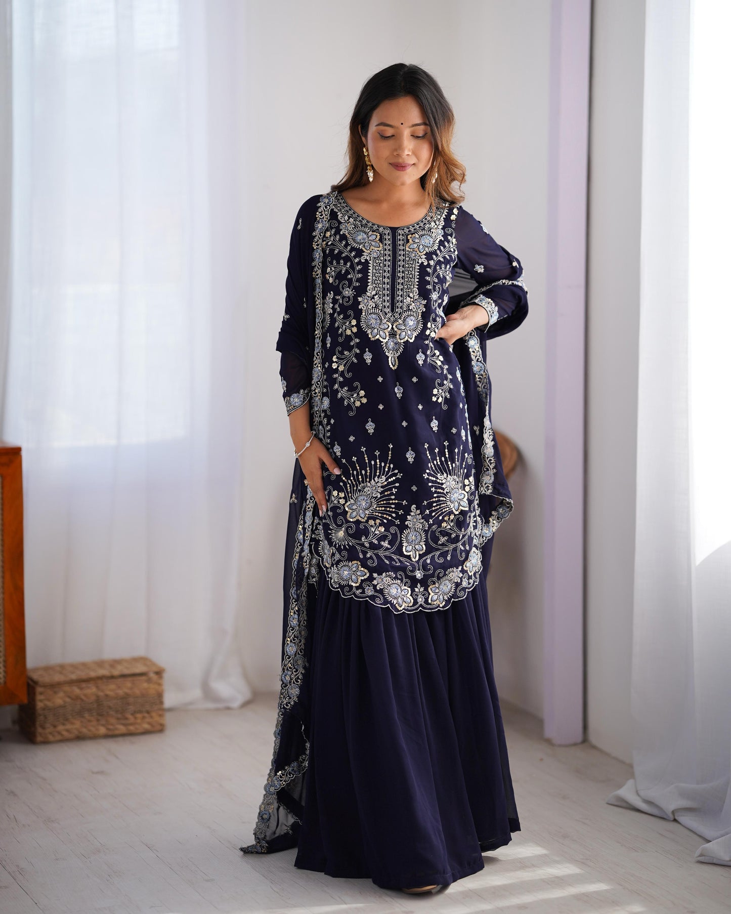 Dark Blue Color Beautiful Partywear Sharara Suit in Georgette Fabric