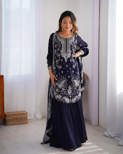 Dark Blue Color Beautiful Partywear Sharara Suit in Georgette Fabric