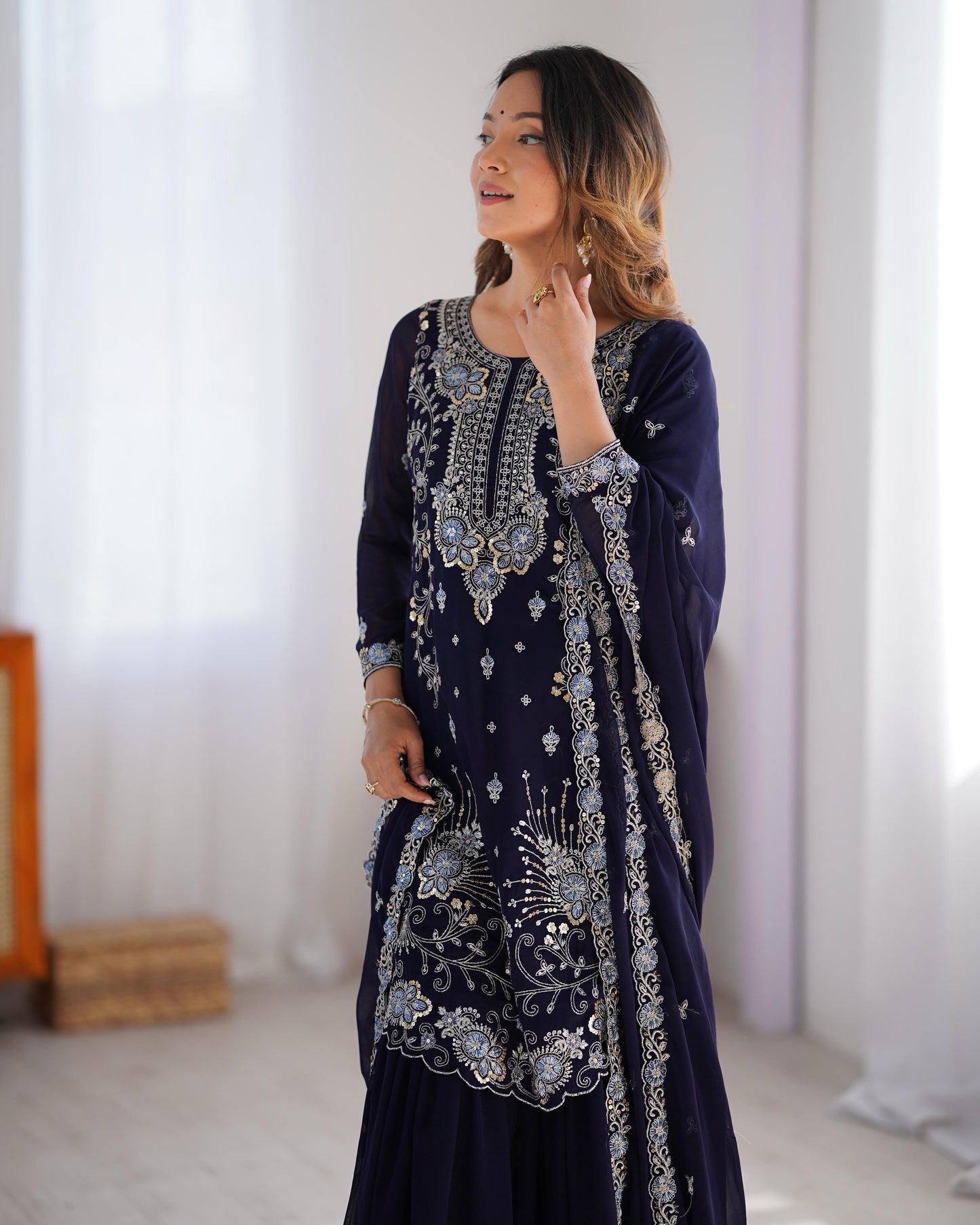 Dark Blue Color Beautiful Partywear Sharara Suit in Georgette Fabric