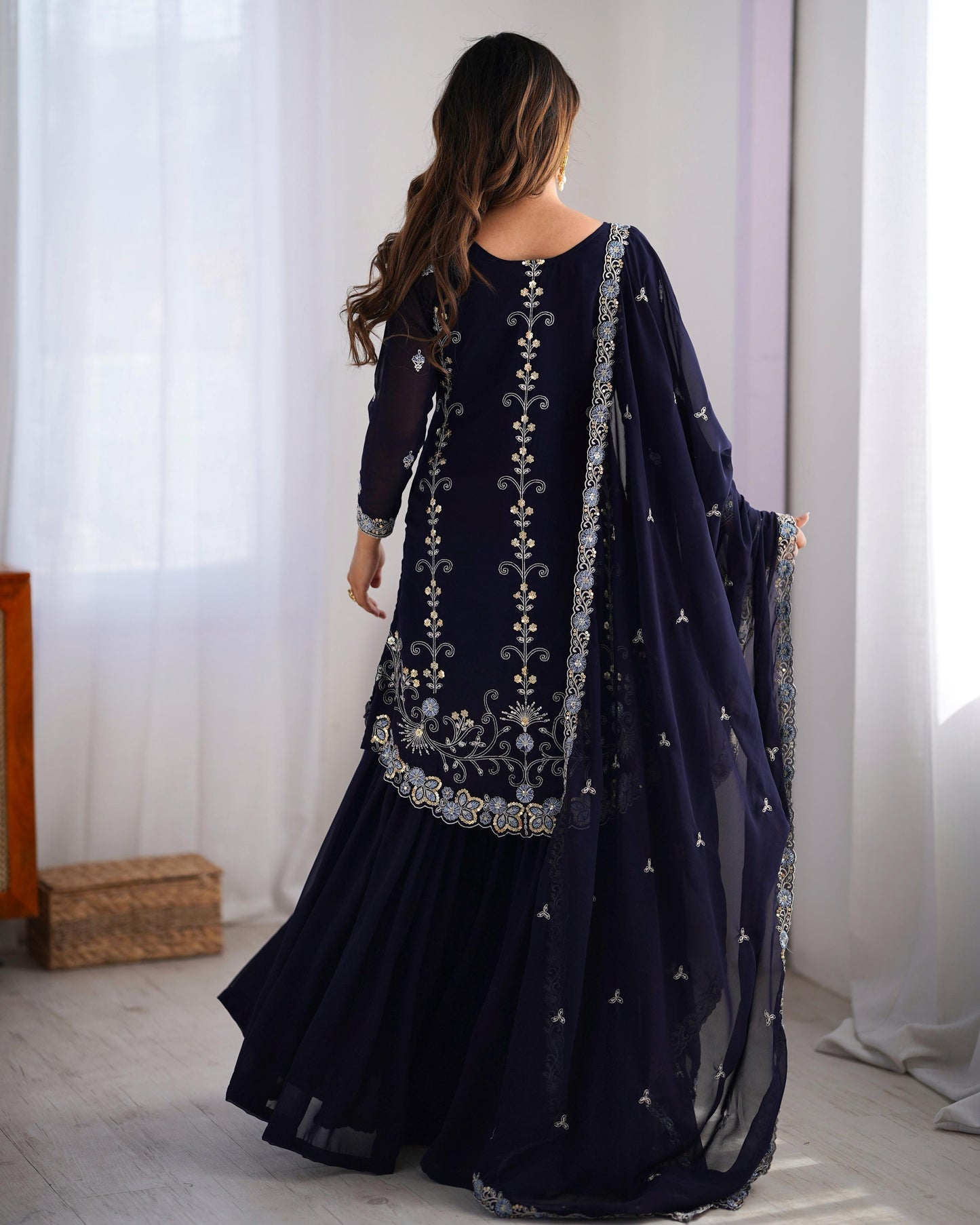 Dark Blue Color Beautiful Partywear Sharara Suit in Georgette Fabric