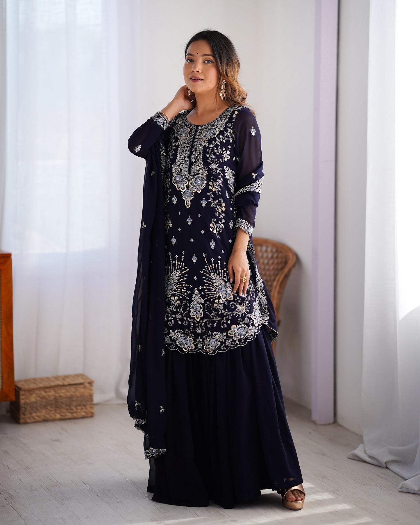 Dark Blue Color Beautiful Partywear Sharara Suit in Georgette Fabric