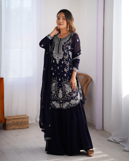 Dark Blue Color Beautiful Partywear Sharara Suit in Georgette Fabric