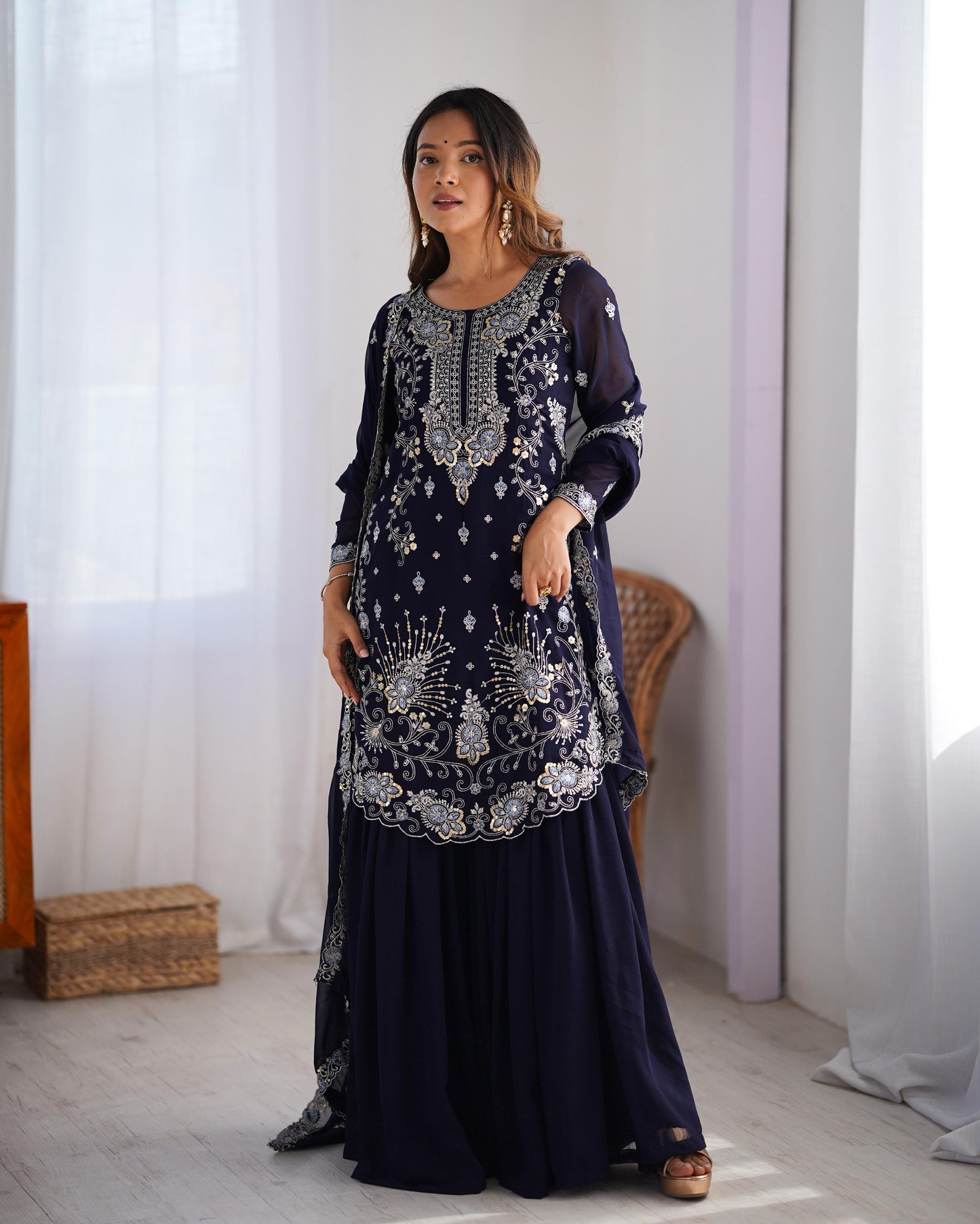 Dark Blue Color Beautiful Partywear Sharara Suit in Georgette Fabric
