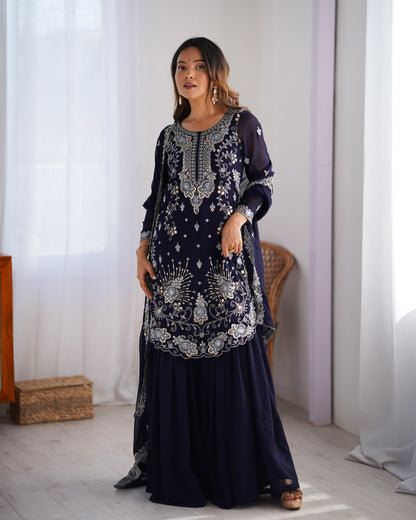 Dark Blue Color Beautiful Partywear Sharara Suit in Georgette Fabric
