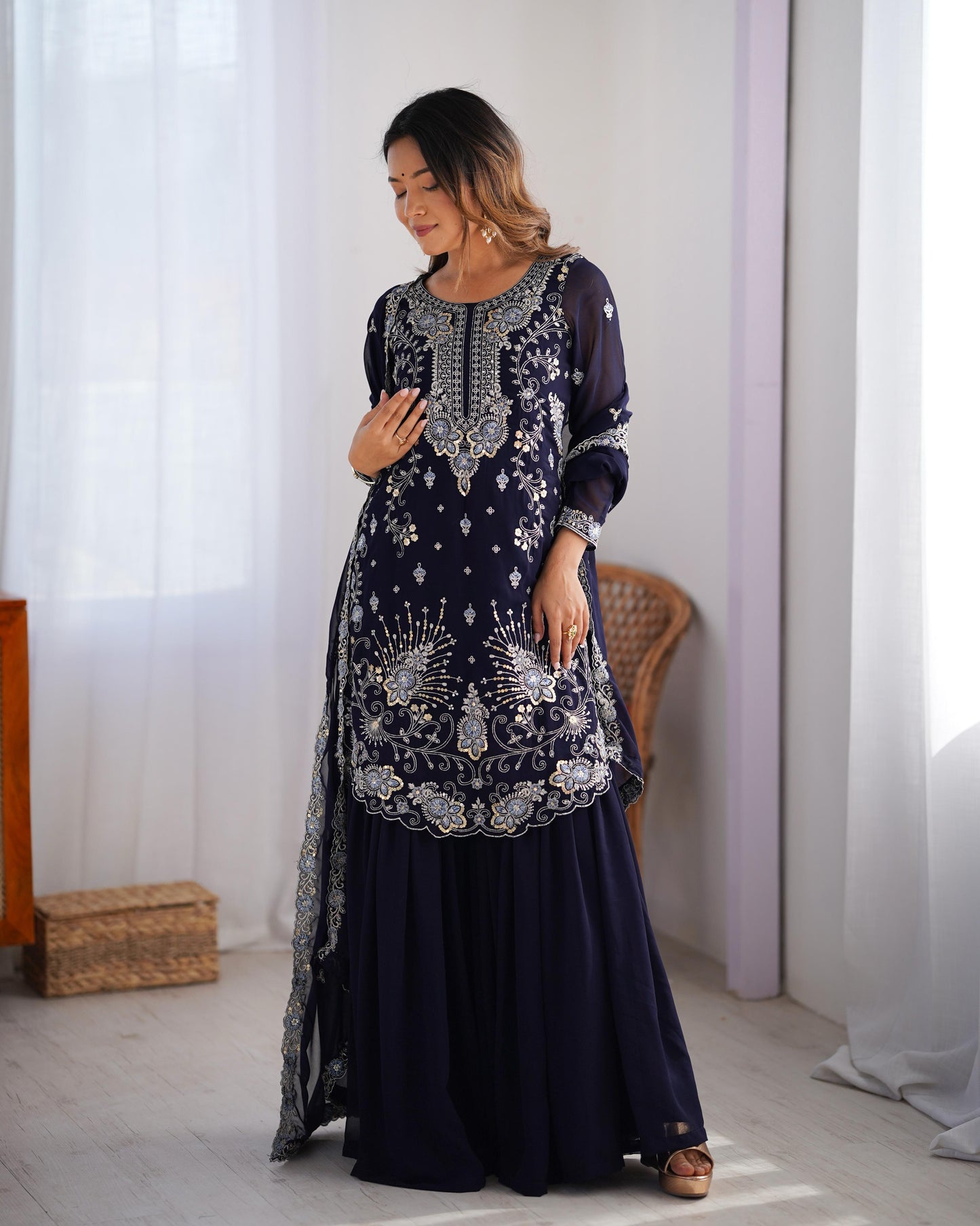 Dark Blue Color Beautiful Partywear Sharara Suit in Georgette Fabric
