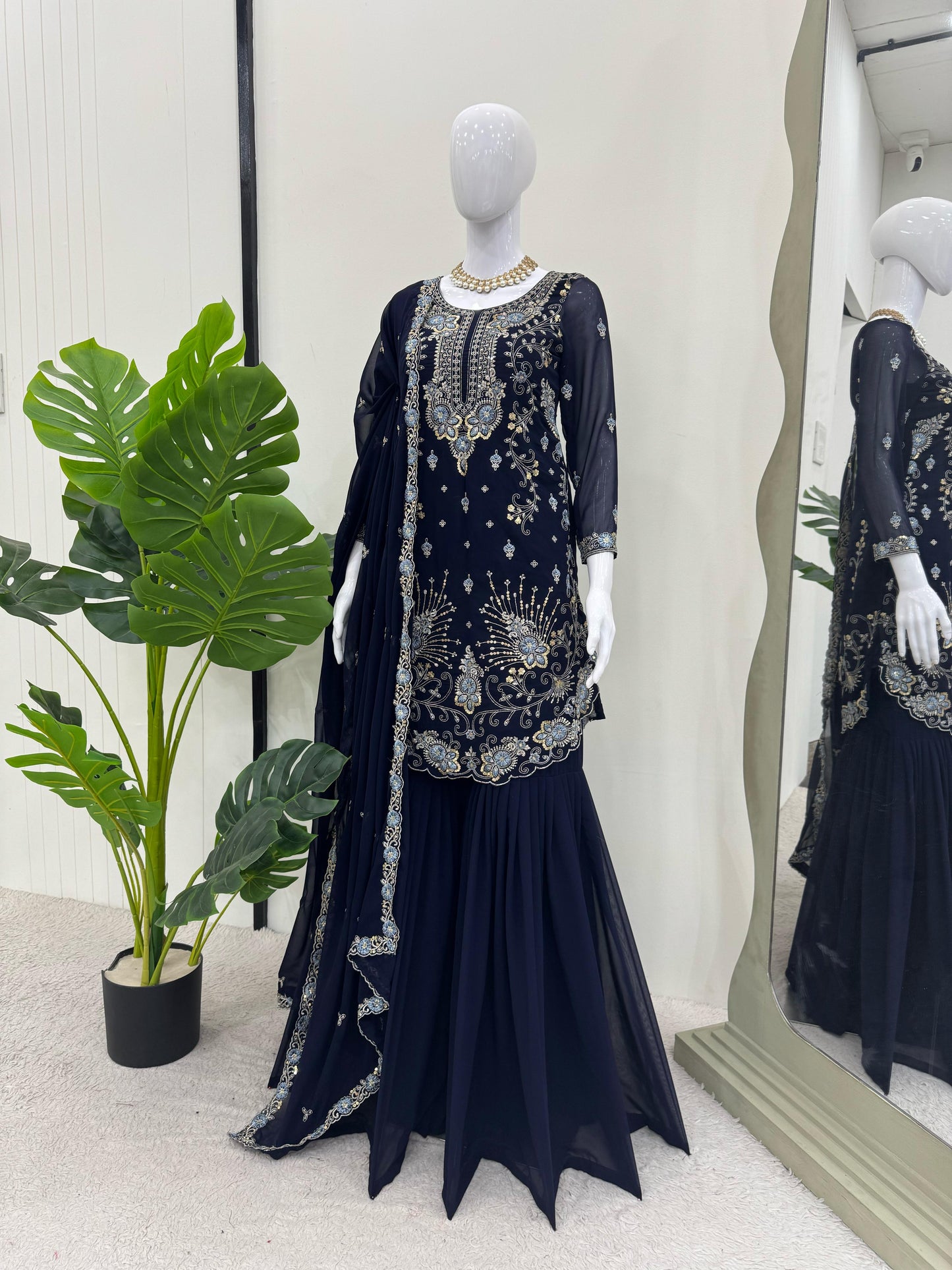 Dark Blue Color Beautiful Partywear Sharara Suit in Georgette Fabric