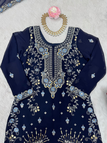 Dark Blue Color Beautiful Partywear Sharara Suit in Georgette Fabric