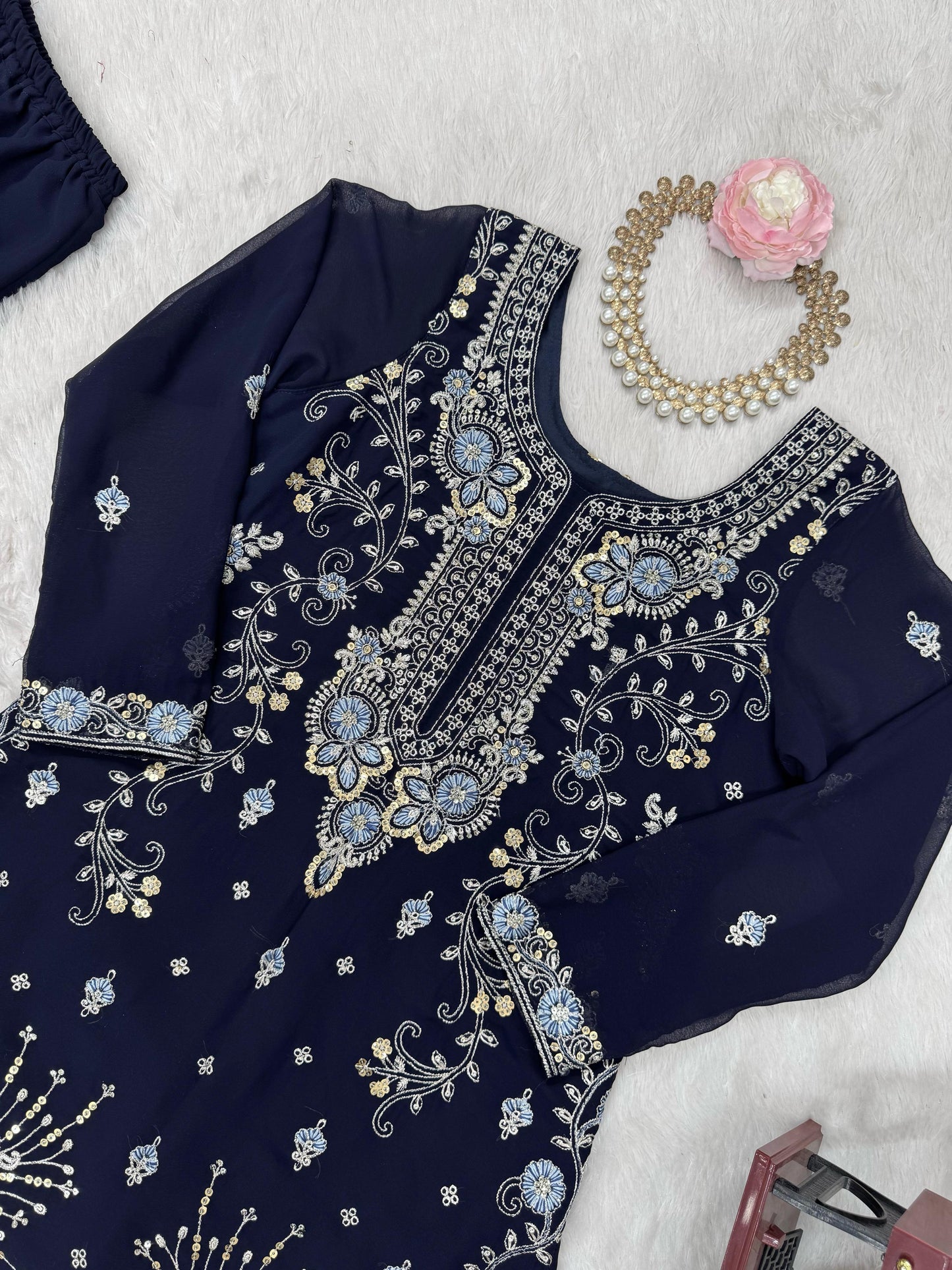 Dark Blue Color Beautiful Partywear Sharara Suit in Georgette Fabric