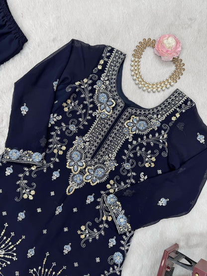 Dark Blue Color Beautiful Partywear Sharara Suit in Georgette Fabric