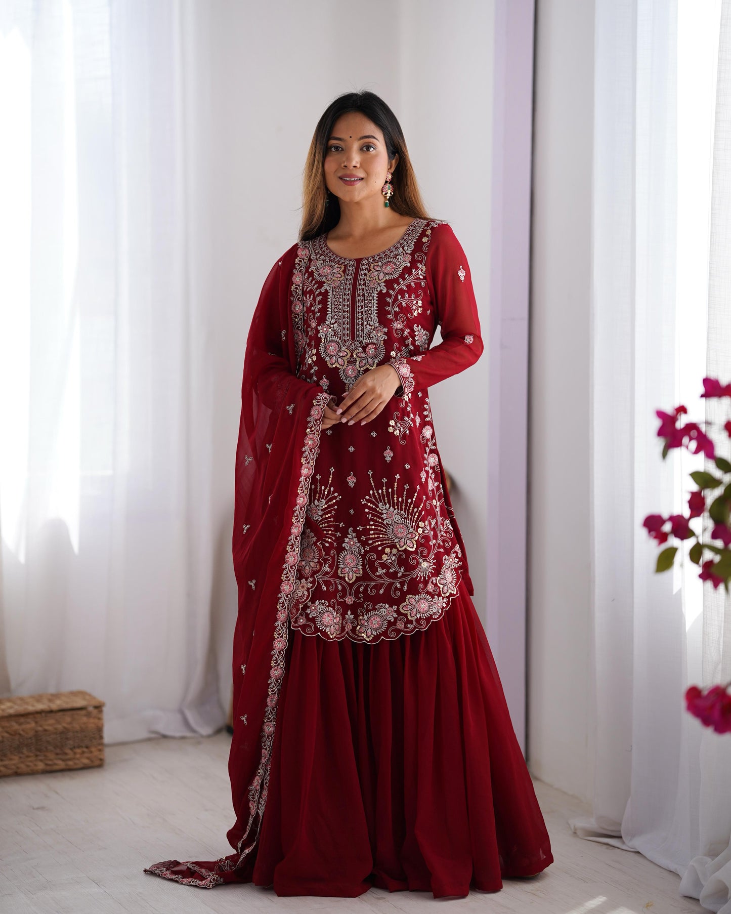 Red Maroon Color Beautiful Partywear Sharara Suit in Georgette Fabric