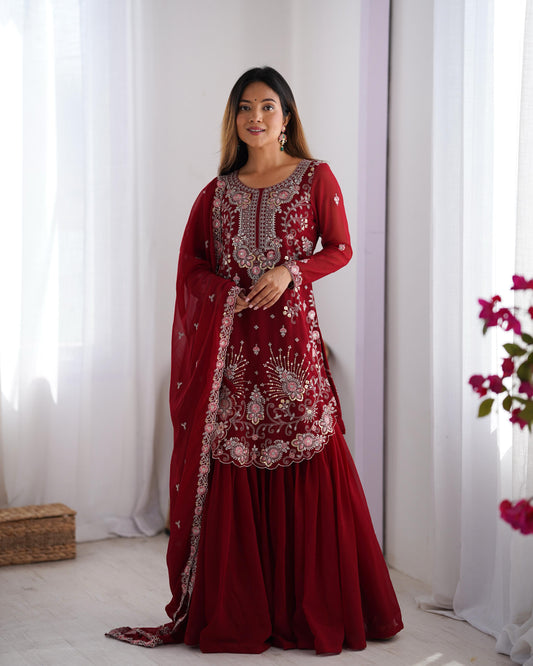 Red Maroon Color Beautiful Partywear Sharara Suit in Georgette Fabric