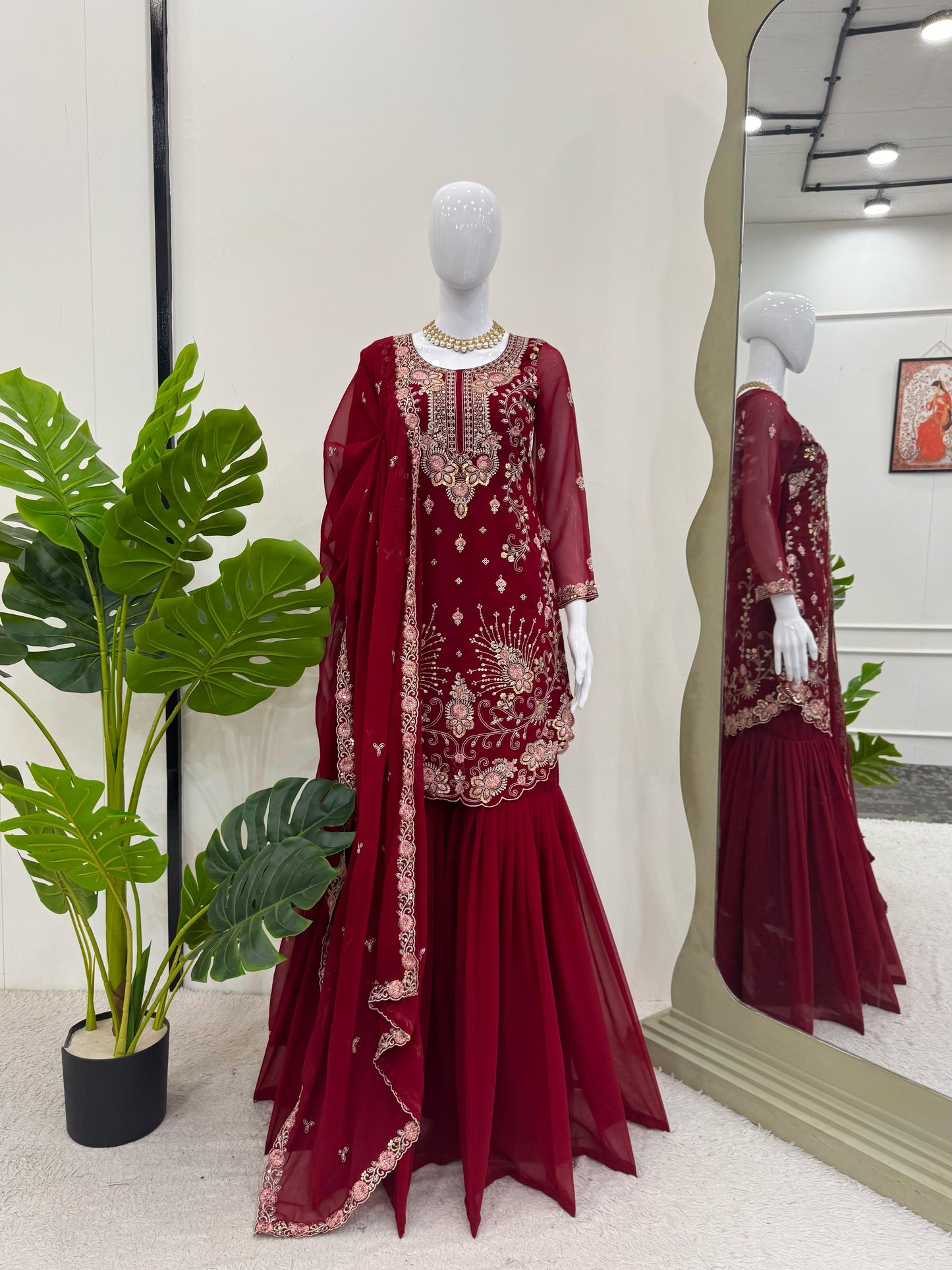 Red Maroon Color Beautiful Partywear Sharara Suit in Georgette Fabric