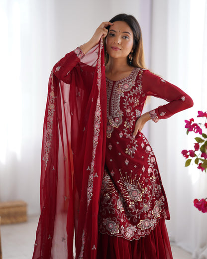 Red Maroon Color Beautiful Partywear Sharara Suit in Georgette Fabric