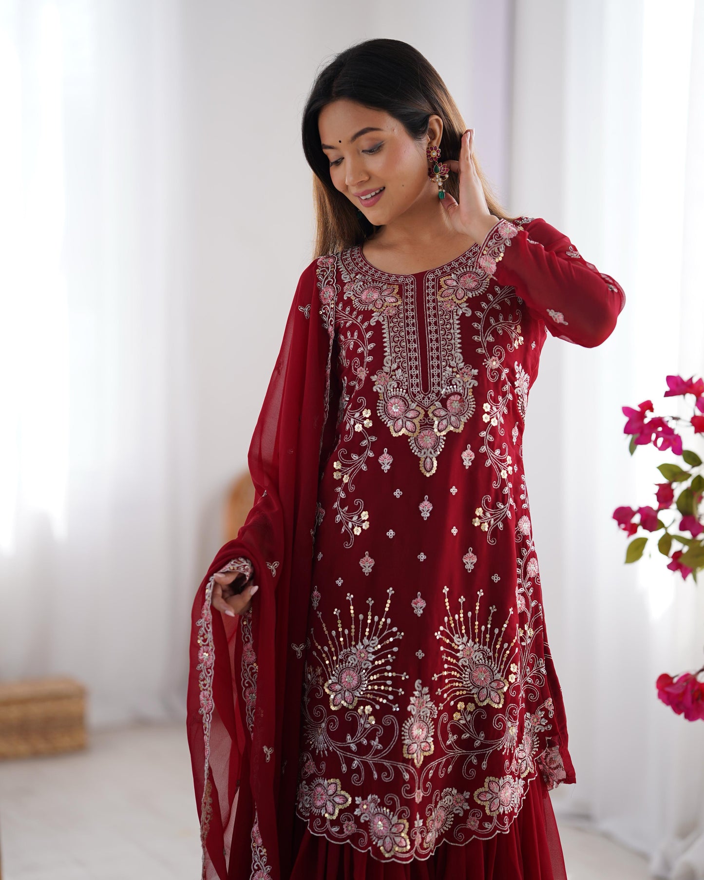Red Maroon Color Beautiful Partywear Sharara Suit in Georgette Fabric