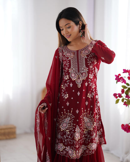Red Maroon Color Beautiful Partywear Sharara Suit in Georgette Fabric
