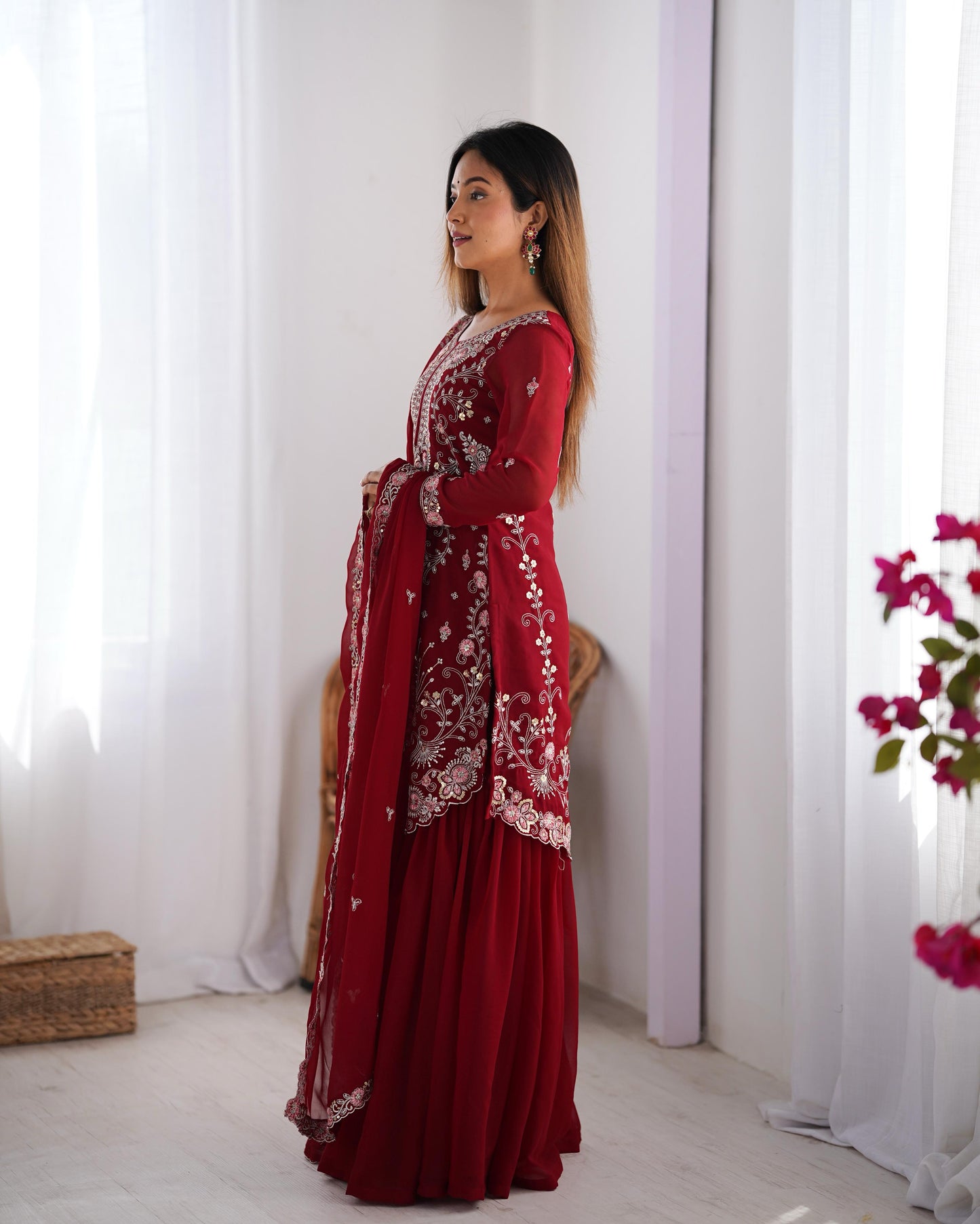 Red Maroon Color Beautiful Partywear Sharara Suit in Georgette Fabric