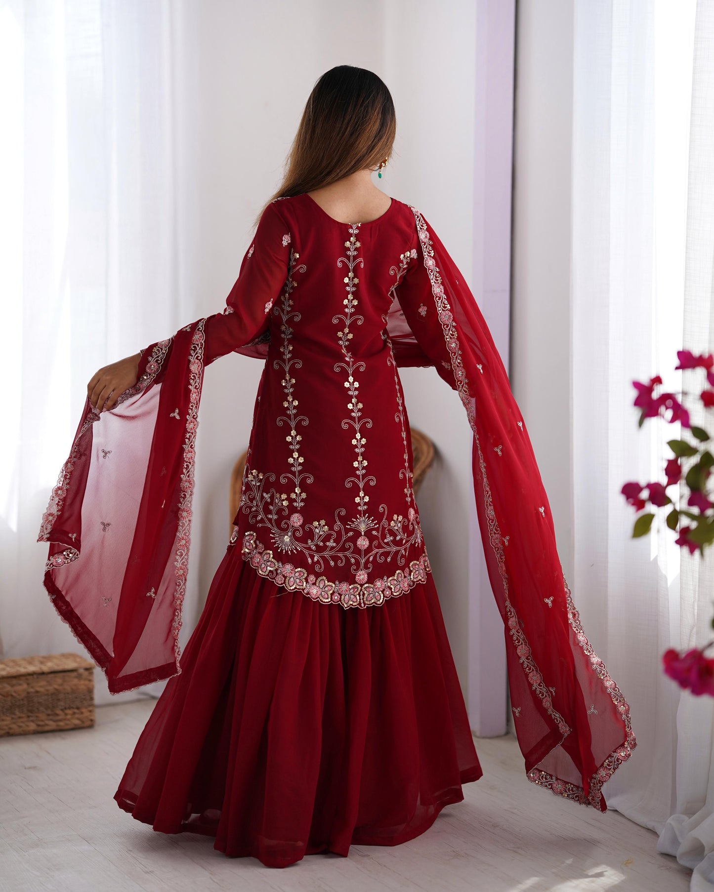 Red Maroon Color Beautiful Partywear Sharara Suit in Georgette Fabric