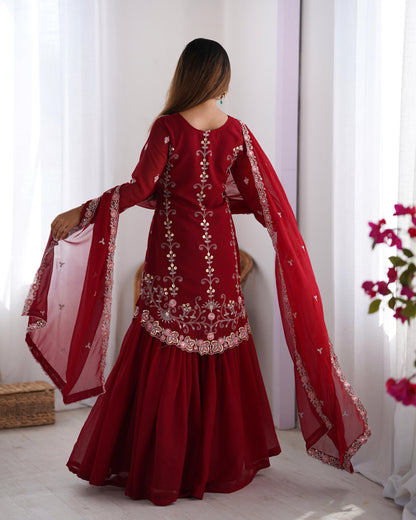 Red Maroon Color Beautiful Partywear Sharara Suit in Georgette Fabric