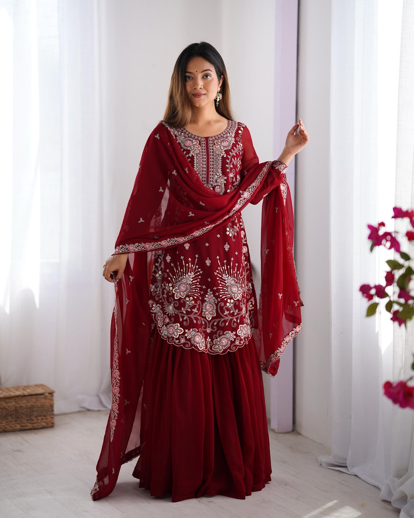Red Maroon Color Beautiful Partywear Sharara Suit in Georgette Fabric