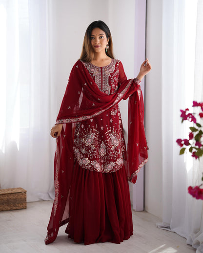 Red Maroon Color Beautiful Partywear Sharara Suit in Georgette Fabric