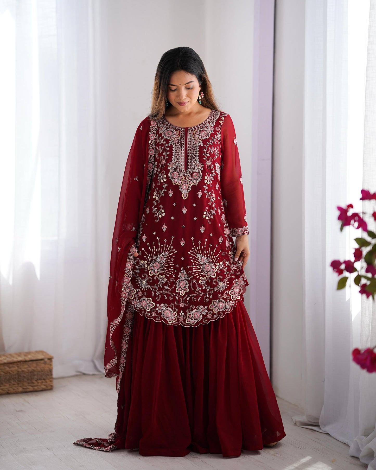 Red Maroon Color Beautiful Partywear Sharara Suit in Georgette Fabric