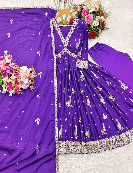 Purple Color Beautiful Anarakli Dress in Chinon FAbric