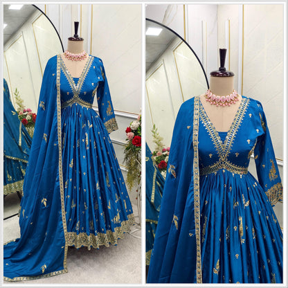 Morpitch Color Beautiful Anarakli Dress in Chinon FAbric