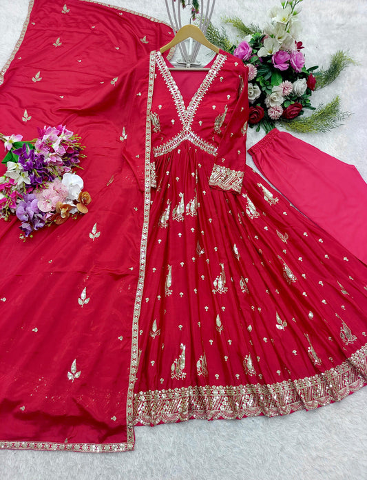 Red Color Beautiful Anarakli Dress in Chinon FAbric