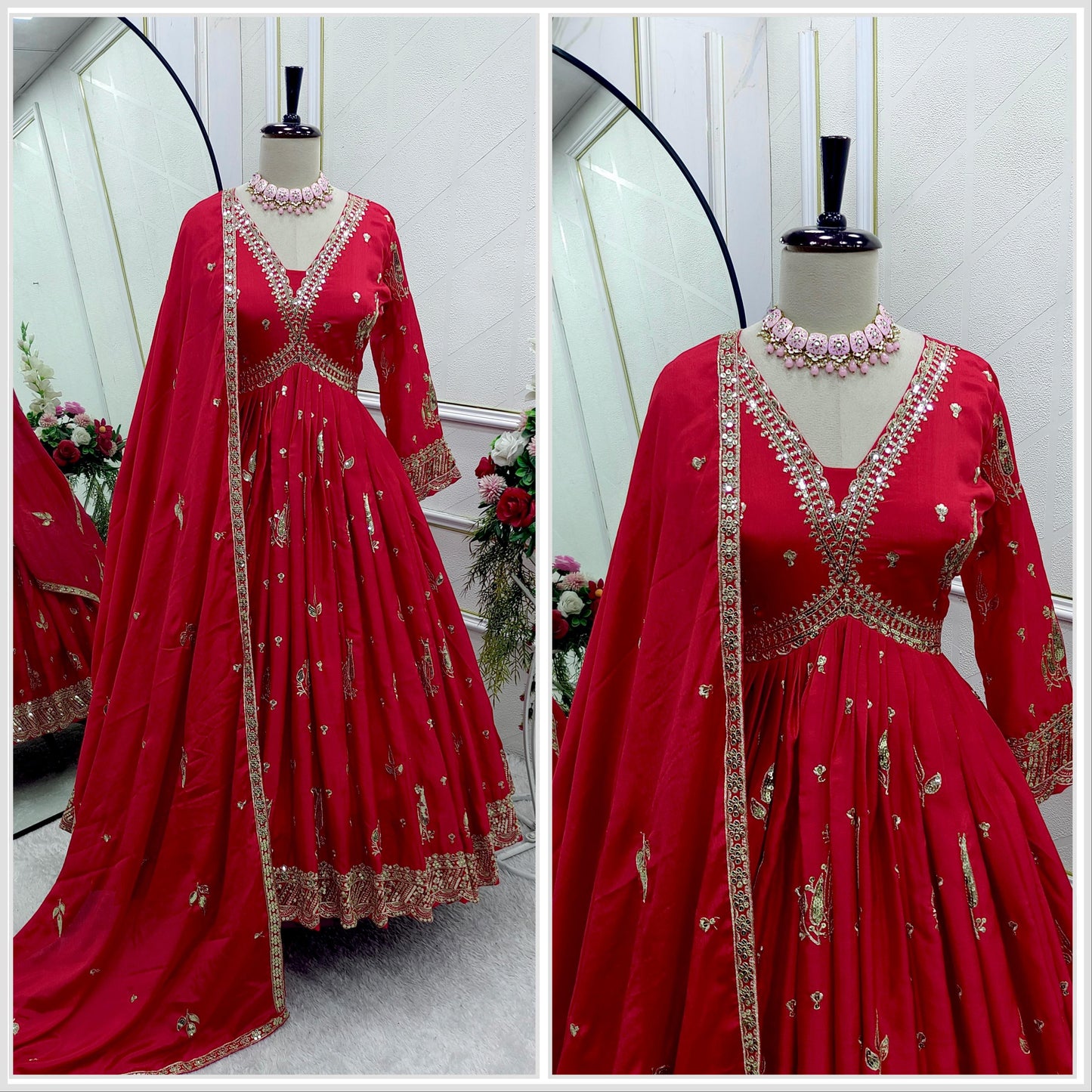 Red Color Beautiful Anarakli Dress in Chinon FAbric