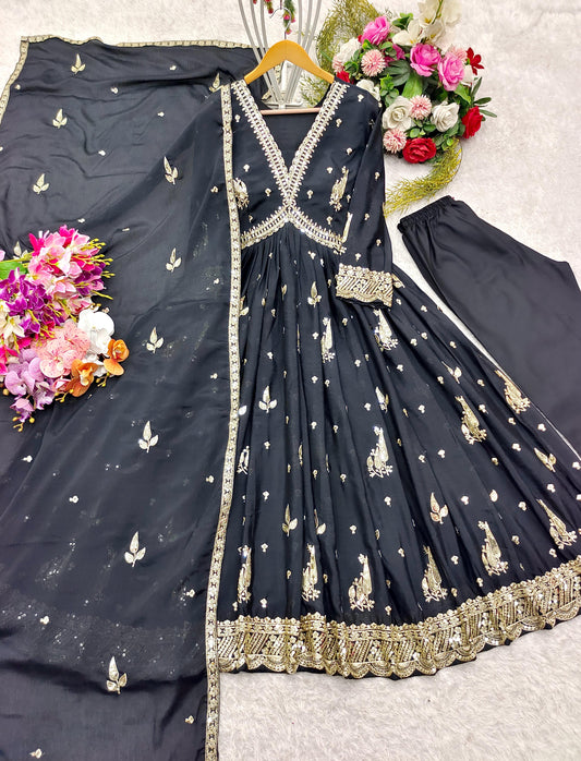 Black Color Beautiful Anarakli Dress in Chinon FAbric