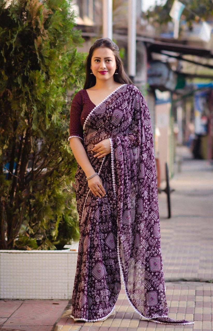 Purple Color Beautiful Georgette Saree For Regulars Wear