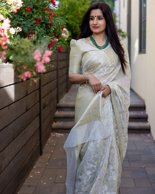 White Cream Color Beautiful Banarasi Silk Saree