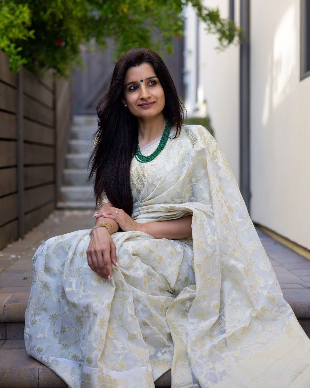 White Cream Color Beautiful Banarasi Silk Saree